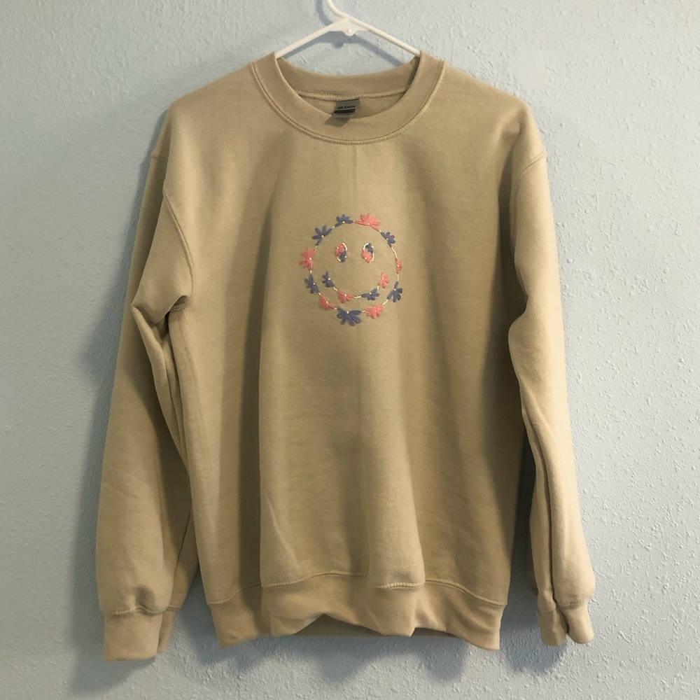 embroidered floral smiley face sweatshirt